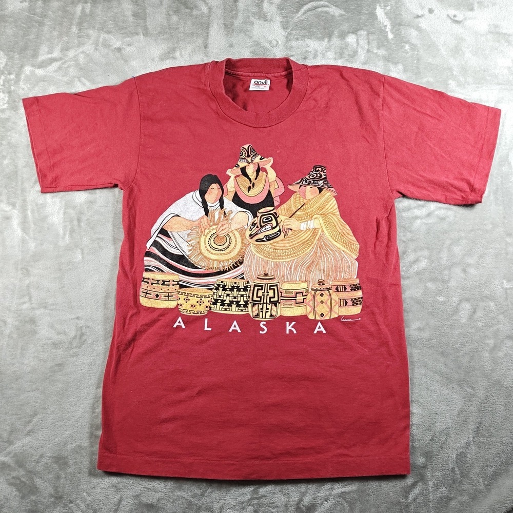 Vintage Alaska Shirt Men Medium Indigenous Basket Weavers Formline Single Stitch